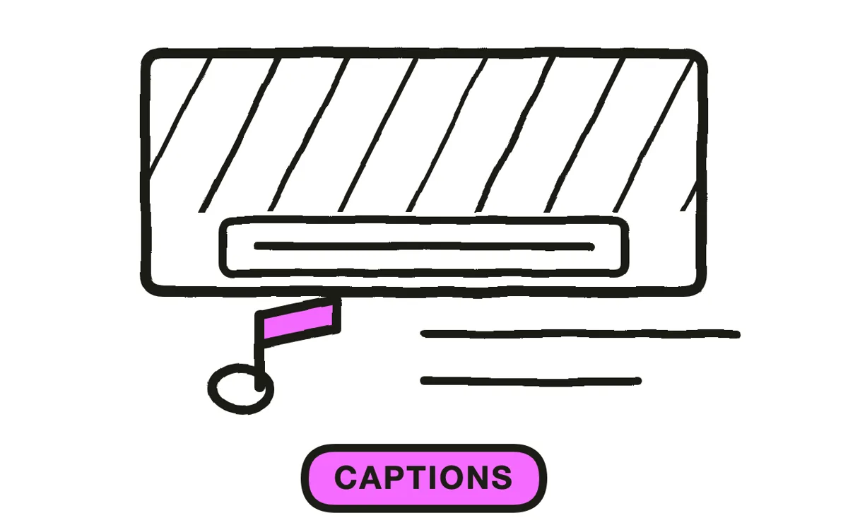 A hand-drawn video frame with a caption bar across the lower third and a music note beneath it