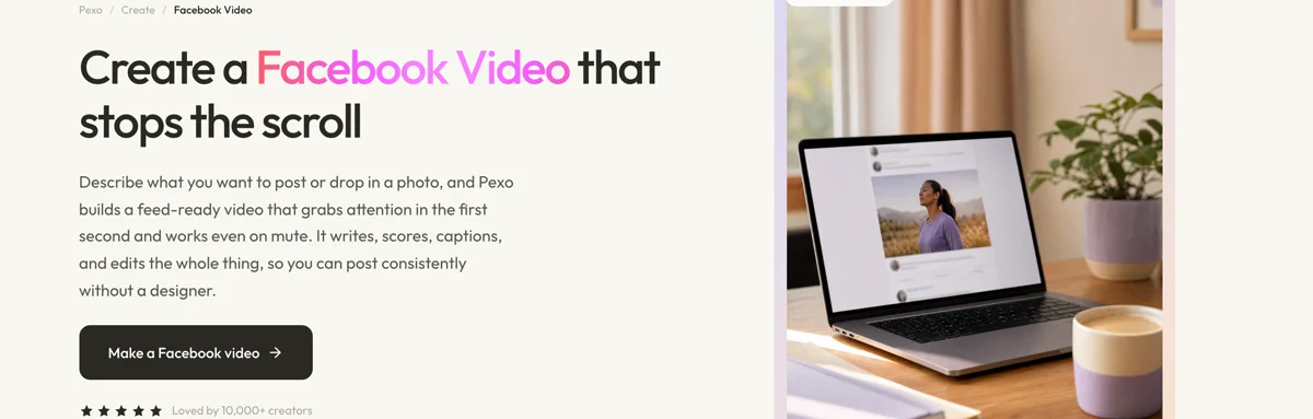 Pexo create page for Facebook videos showing the description box and preset chips