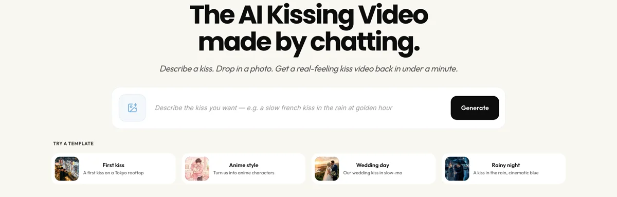 Pexo create page for kissing videos showing the description box and template presets labeled First kiss, Anime style, Wedding day, and Rainy night