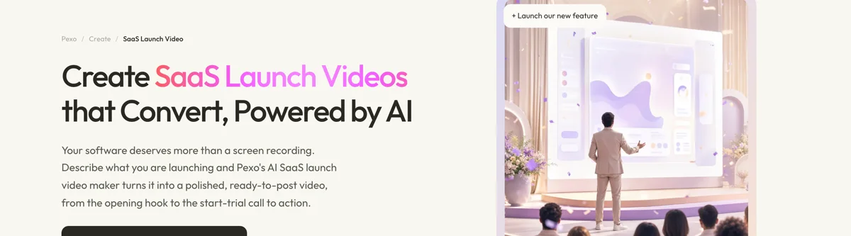 Pexo create page for SaaS launch videos showing the description box and preset chips