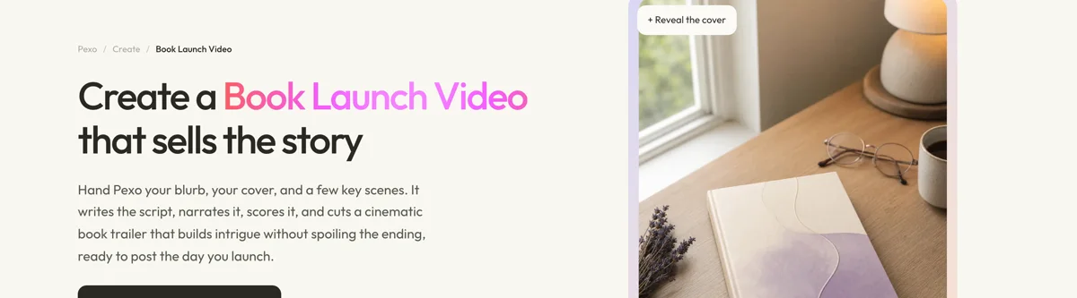 Pexo create page for book launch videos showing the description box and preset chips