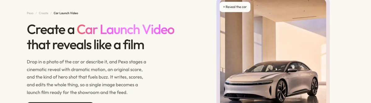 Pexo create page for car launch videos showing the description box and preset chips