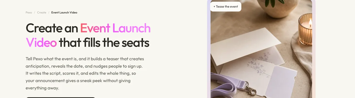 Pexo create page for event launch videos showing the description box and preset chips