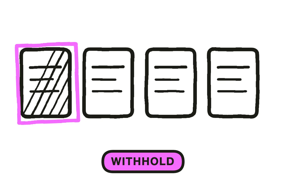 A hand-drawn card row with one card circled and hatched, three plain cards beside it