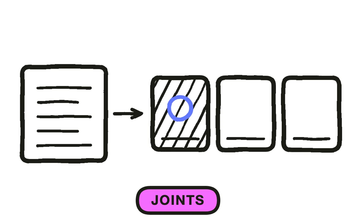A hand-drawn character sheet with separated limb pieces and pivot marks