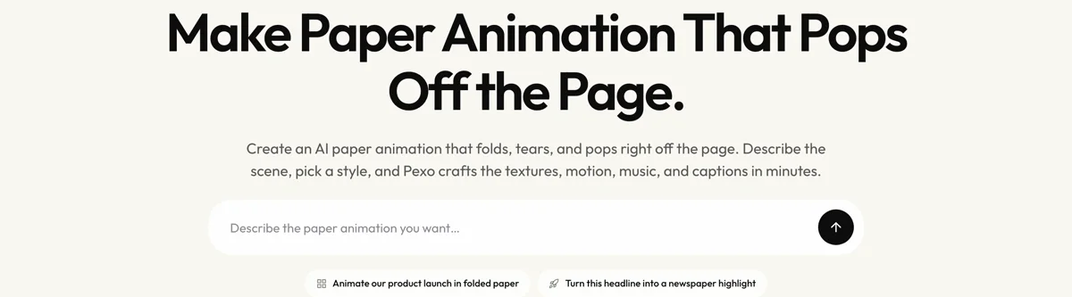 Pexo create page for paper animation showing the description box and preset chips
