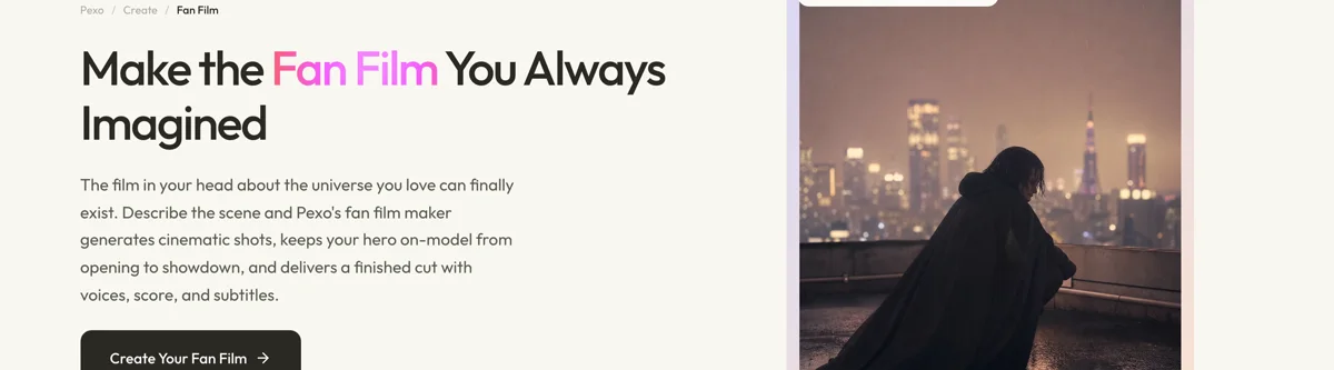 Pexo create page for fan films showing the description box and preset chips