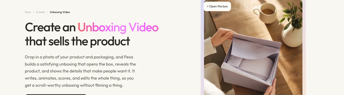 Pexo create page for unboxing videos showing the description box and preset chips