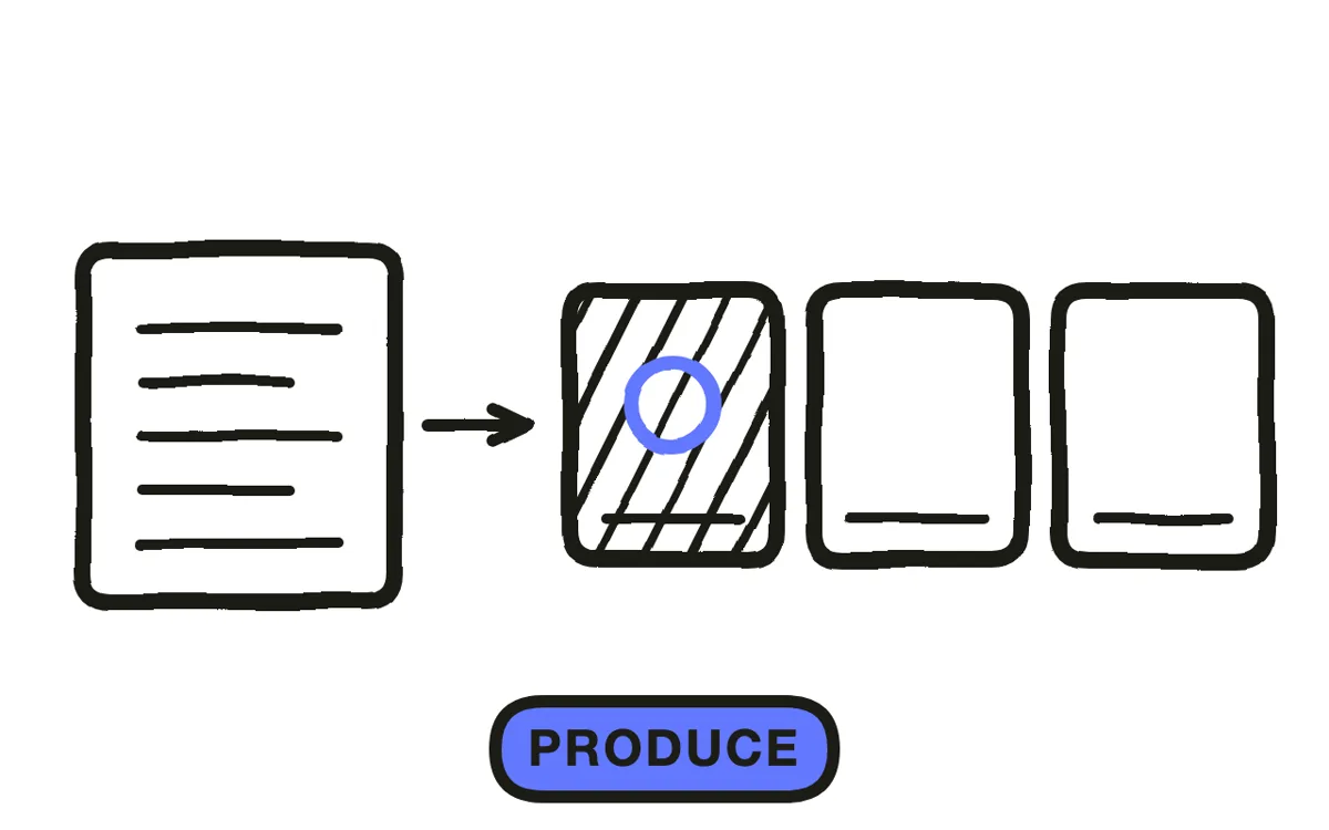 A hand-drawn split screen: a clinical setting on the left, a chat interface generating video on the right