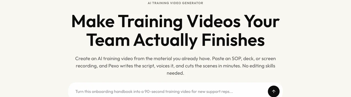 Pexo create page for training videos showing the description box and preset chips
