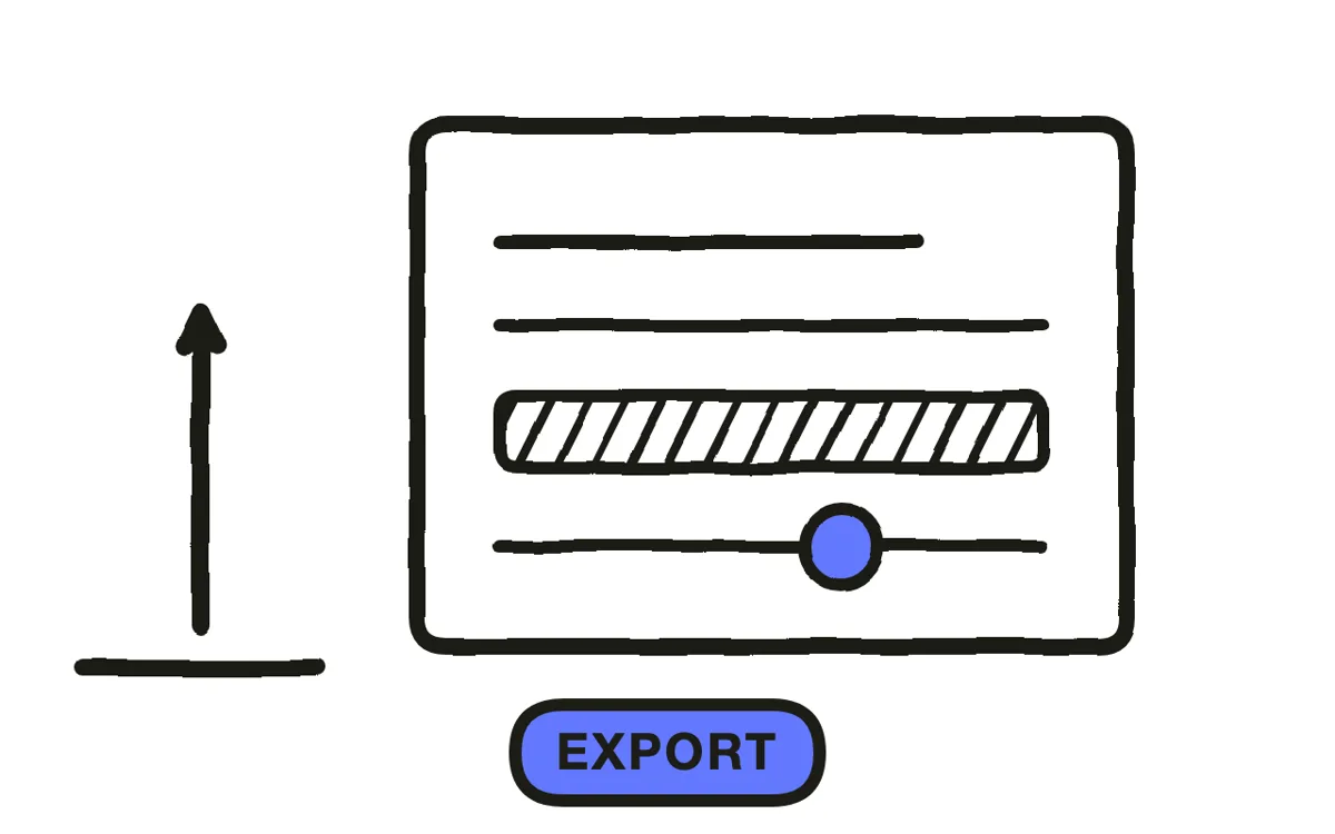 A hand-drawn export dialog with three aspect ratio options labeled Site, Social, and Feed