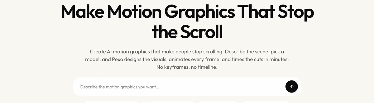 Pexo create page for motion graphics showing the description box and preset chips