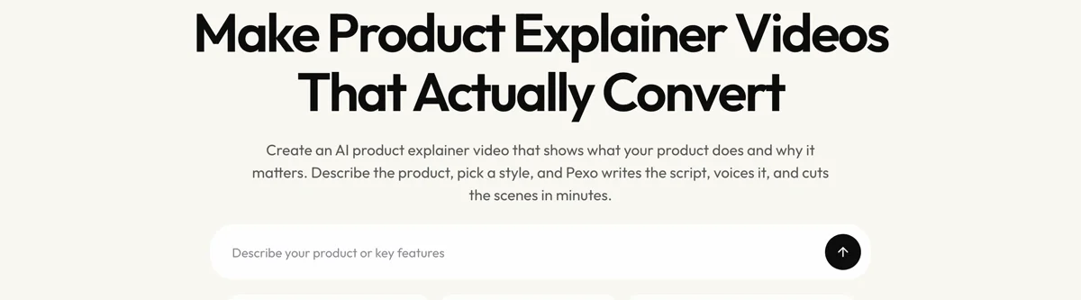 Pexo create page for product explainer videos showing the description box and preset chips