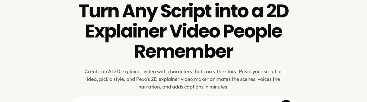 Pexo create page for 2D explainer videos showing the description box and preset chips