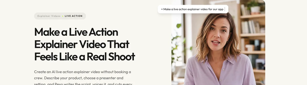 Pexo create page for live action explainer videos showing the description box and preset chips