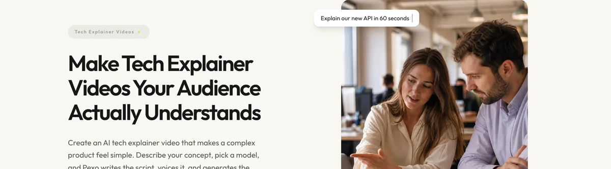 Pexo create page for tech explainer videos showing the description box and preset chips
