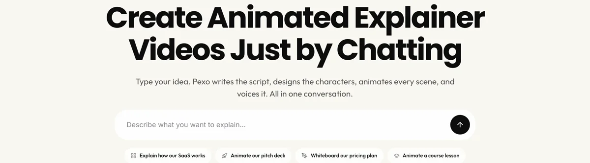 Pexo create page for animated explainer videos showing the description box and preset chips