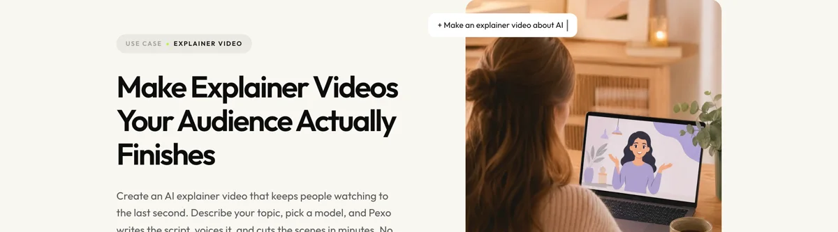 Pexo create page for explainer videos showing the description box and preset chips