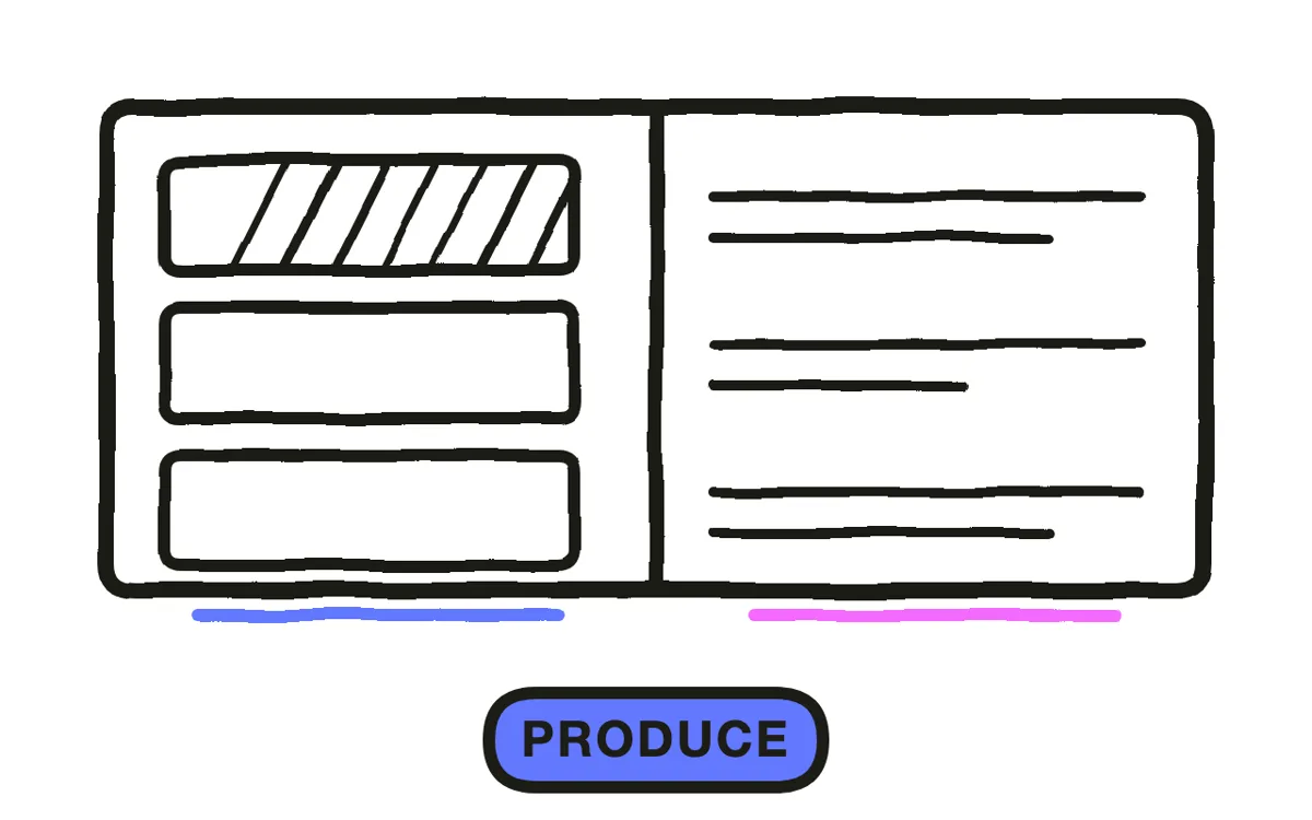 A hand-drawn split screen: an abstracted interface on the left, a chat interface generating video on the right