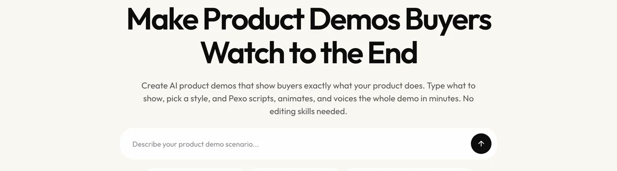 Pexo create page for product demos showing the description box and preset chips