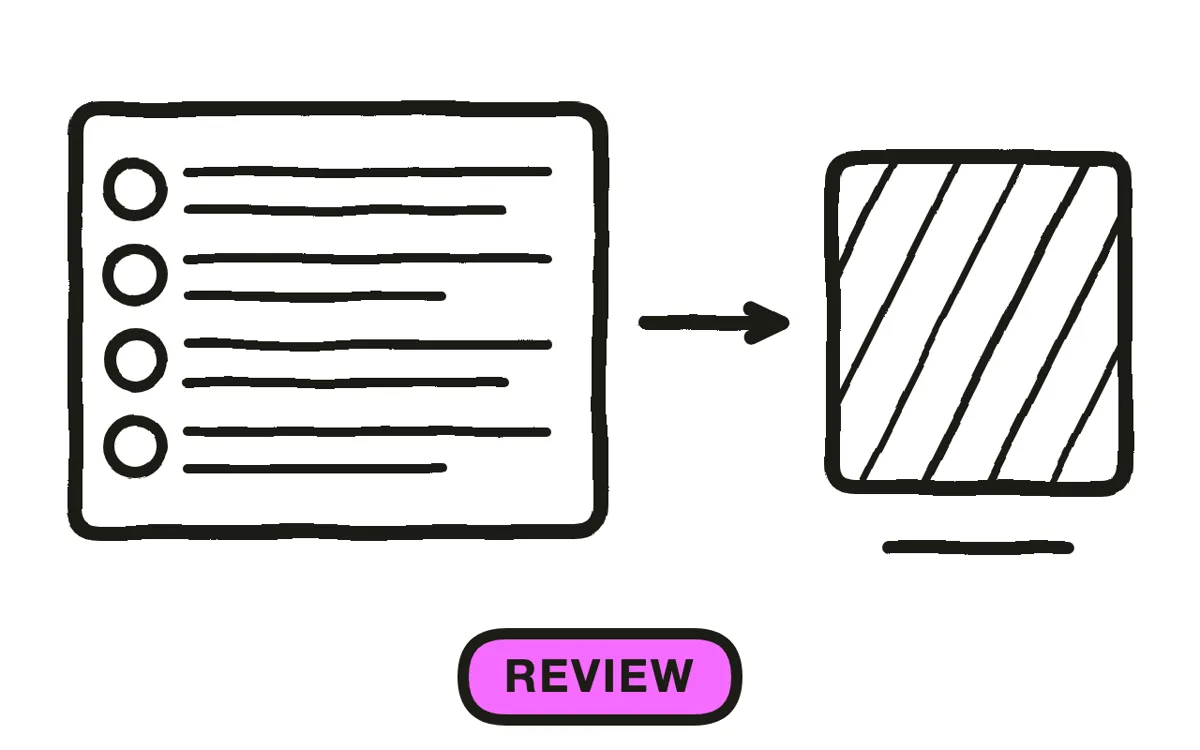 A hand-drawn checklist beside a video frame with a review stamp