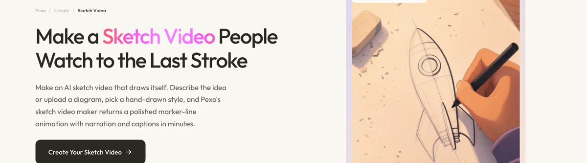 Pexo create page for sketch video showing the description box and preset chips