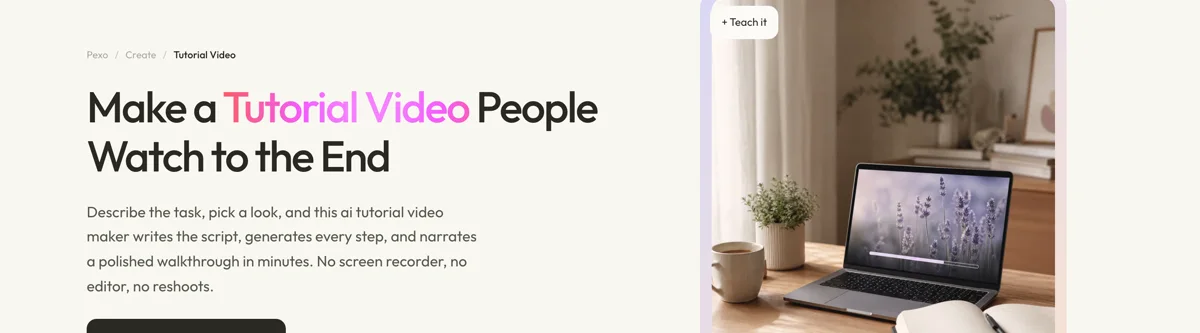 Pexo create page for tutorial video showing the description box and preset chips
