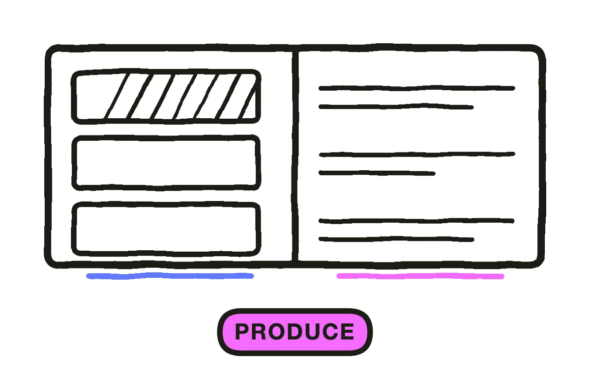 A hand-drawn split screen: a phone frame on the left, a chat interface generating video on the right