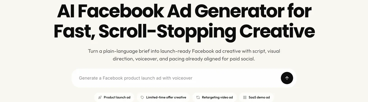 Pexo create page for Facebook ad videos showing the description box and preset chips