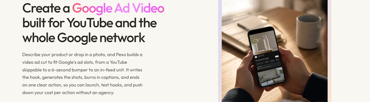 Pexo create page for Google ad videos showing the description box and preset chips