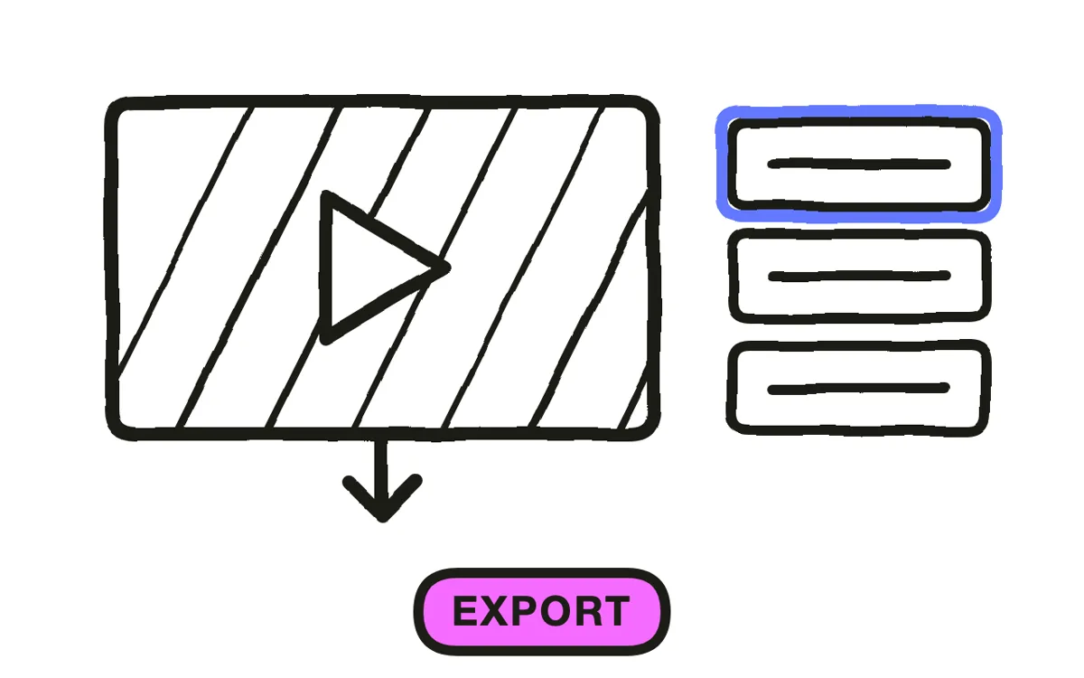 Hand-drawn video card with a download arrow and aspect-ratio chips, labelled Export