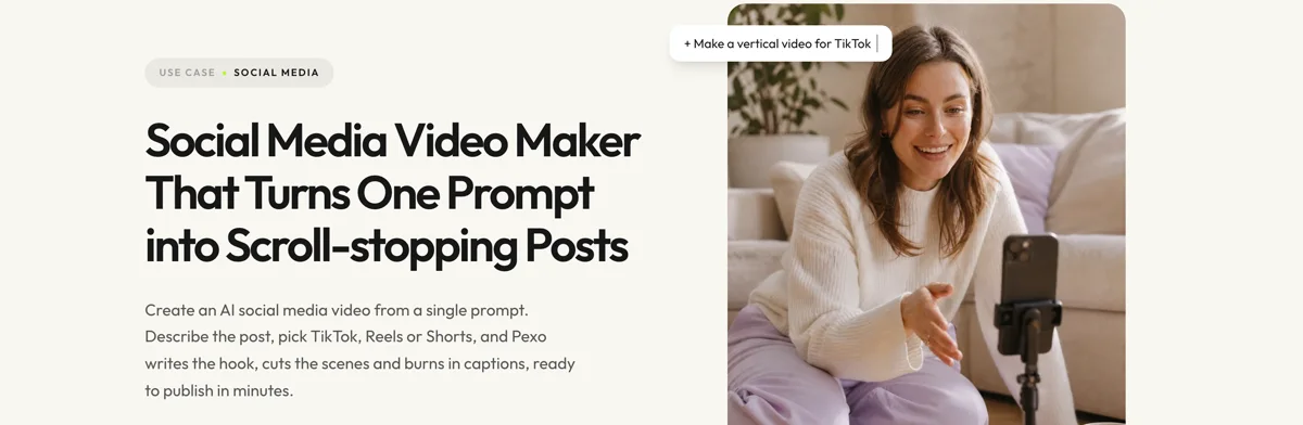 Screenshot of the Pexo Social Media Video Maker create page showing the headline and a Make a vertical video for TikTok preset chip