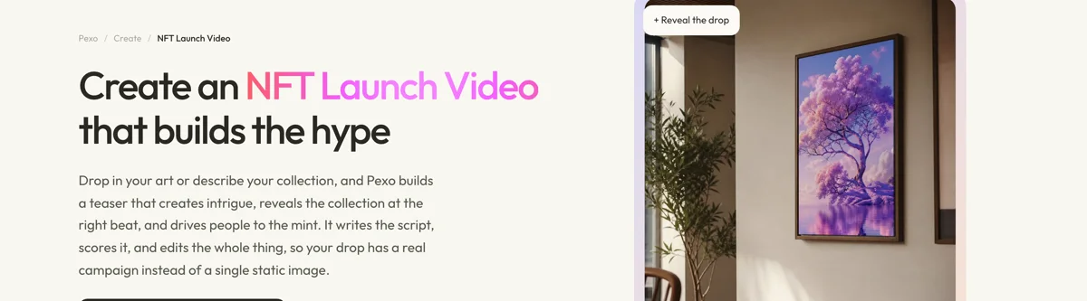 Pexo create page for NFT launch videos showing the description box and preset chips