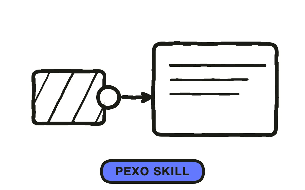 A hand-drawn puzzle piece labeled Pexo snapping into an agent window