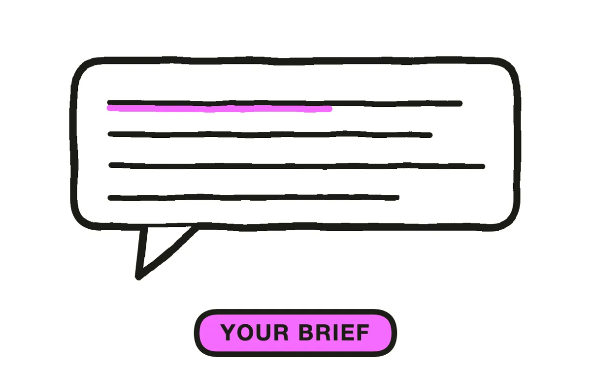 A hand-drawn chat bubble turning into a film strip of shots
