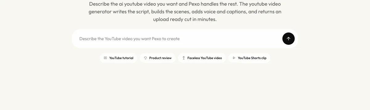 The Pexo YouTube video page showing the describe-your-video box with preset chips for YouTube tutorial, Product review, Faceless YouTube video, and YouTube Shorts clip