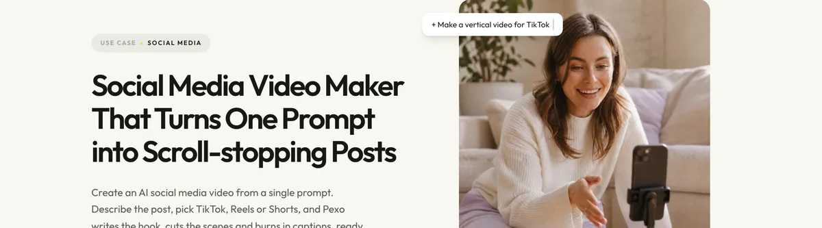 Screenshot of the Pexo Social Media Video Maker create page showing the headline and a Make a vertical video for TikTok preset chip
