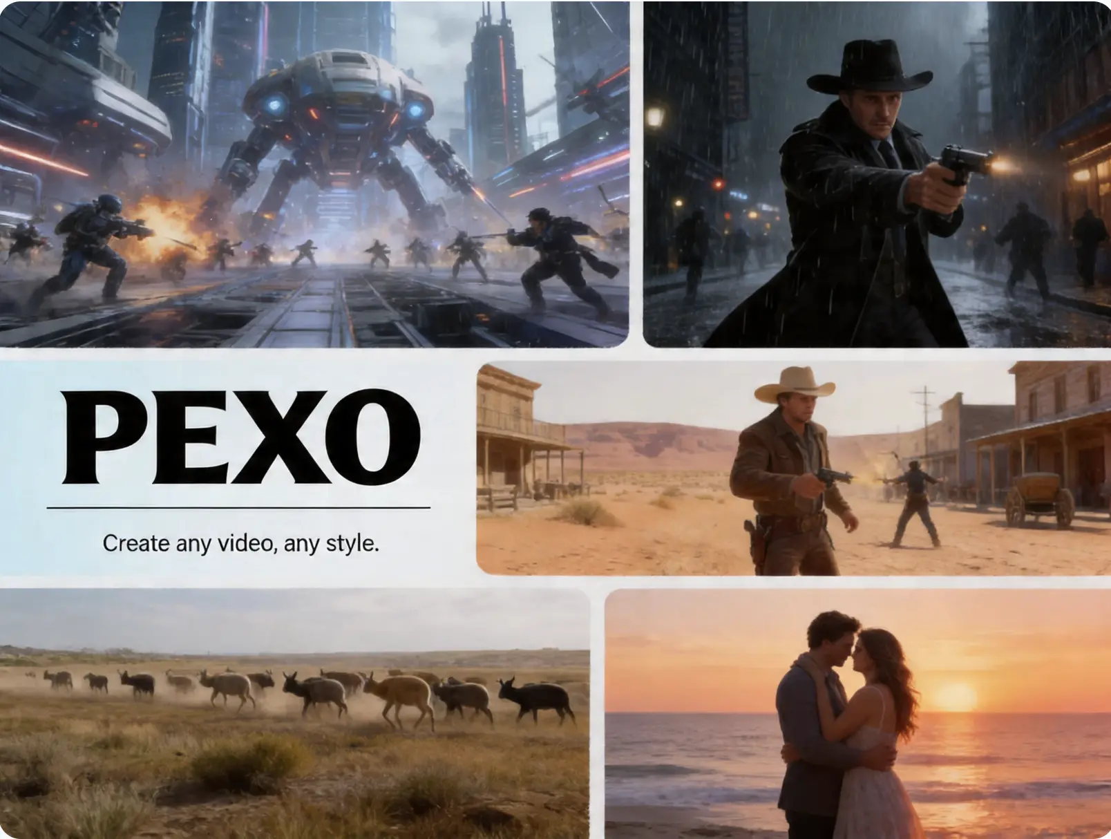 Four genre tiles — noir, sci-fi, western, documentary — by Pexo AI