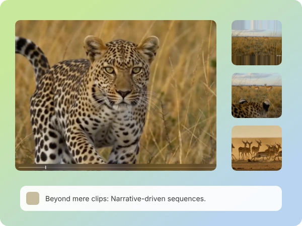 Storyboard strip showing four connected cinematic shots by Pexo AI